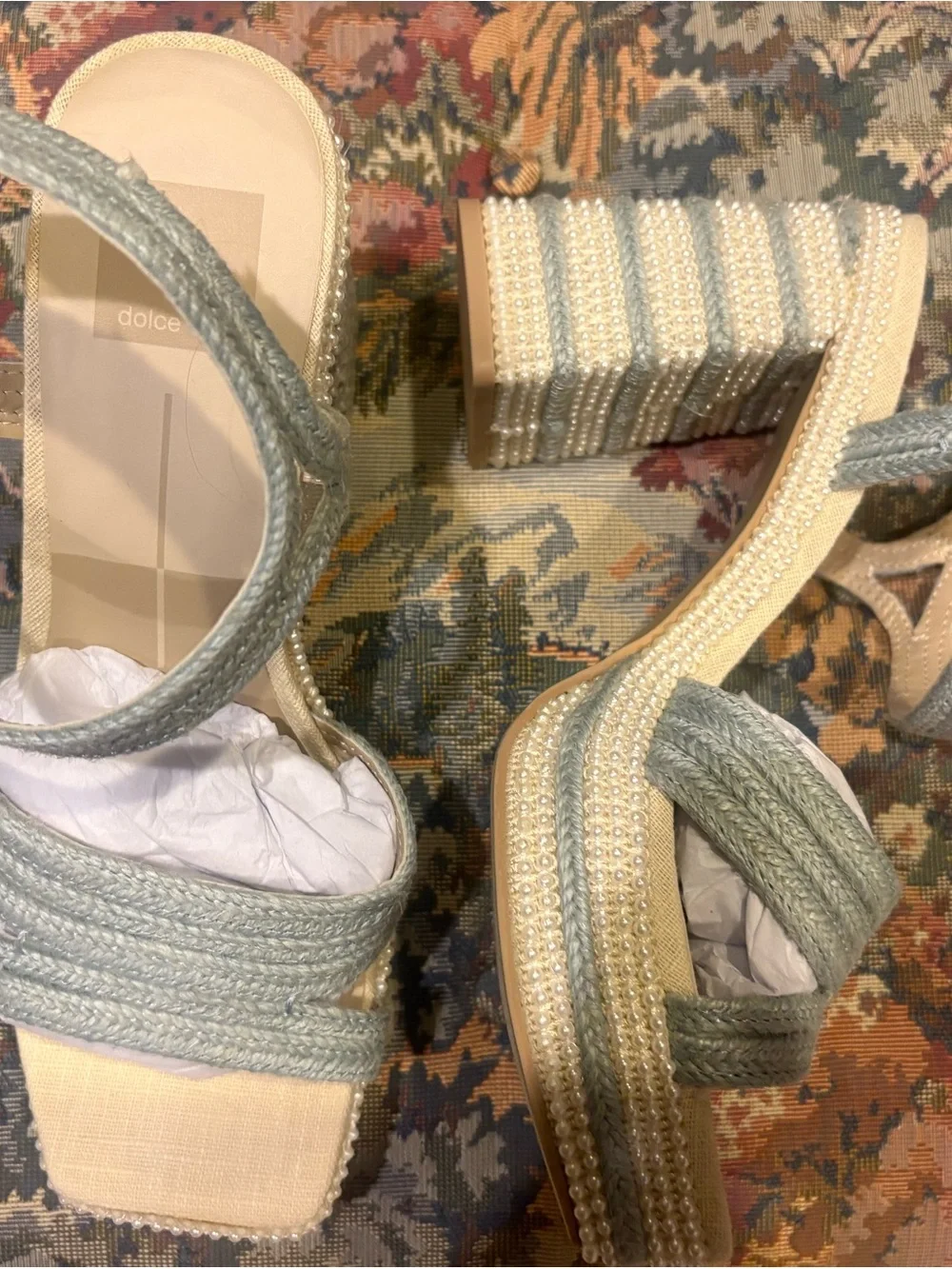 Dolce Vita Pale Green Braided Pearl-Trim Platform Sandals